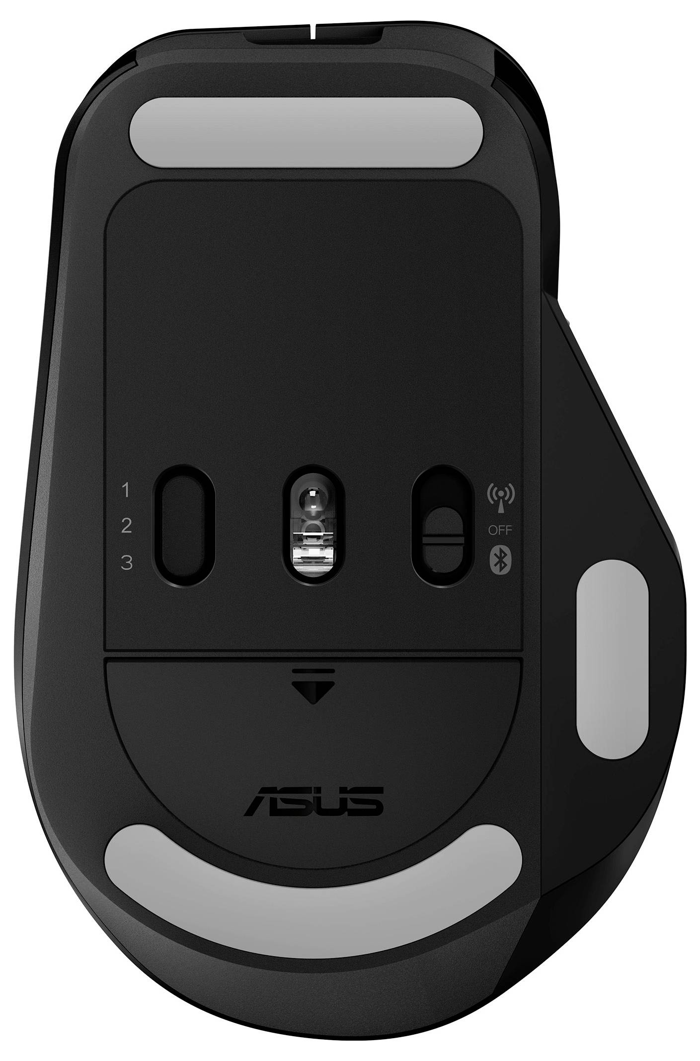 Slika prikazuje donju stranu crnog računalnog miša koji ima dva prekidača i laserski senzor. Logo Asus-a vidljiv je blizu donjeg dijela.