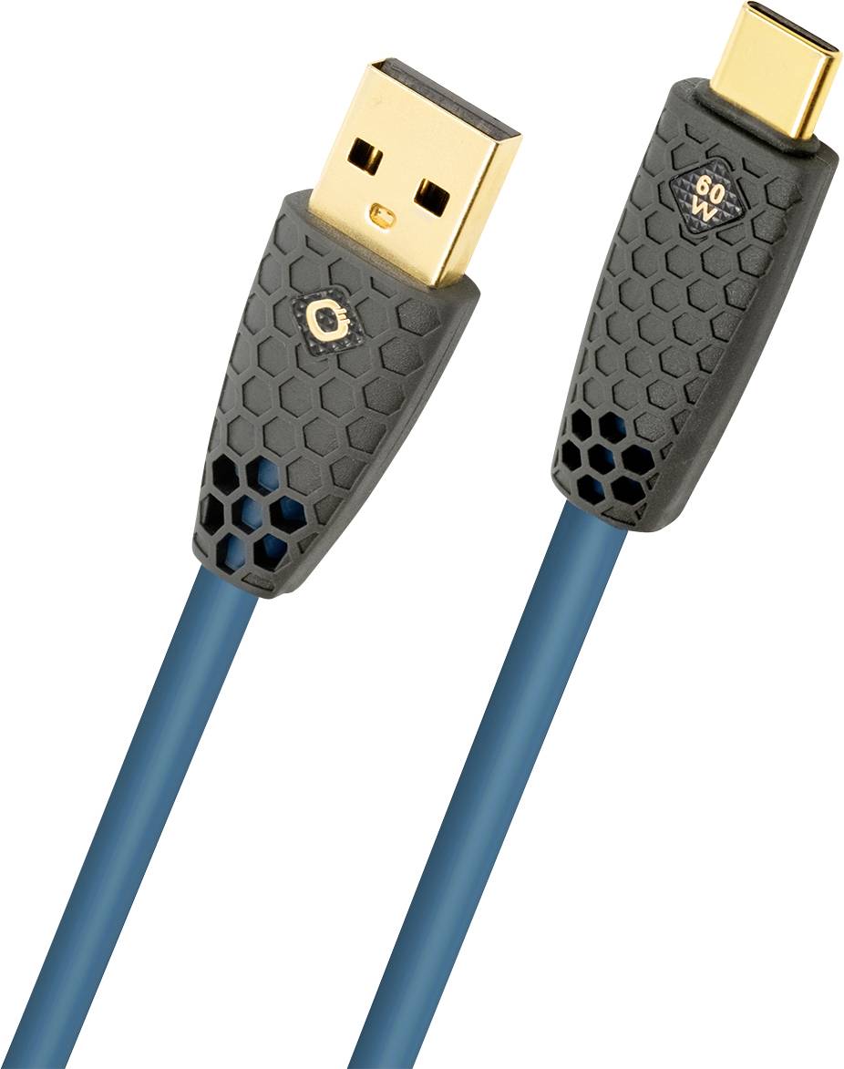 Upleteni kabel s pozlaćenim USB Type-A konektorom na jednom kraju i pozlaćenim USB Type-C konektorom označenim '60W' na drugom kraju.