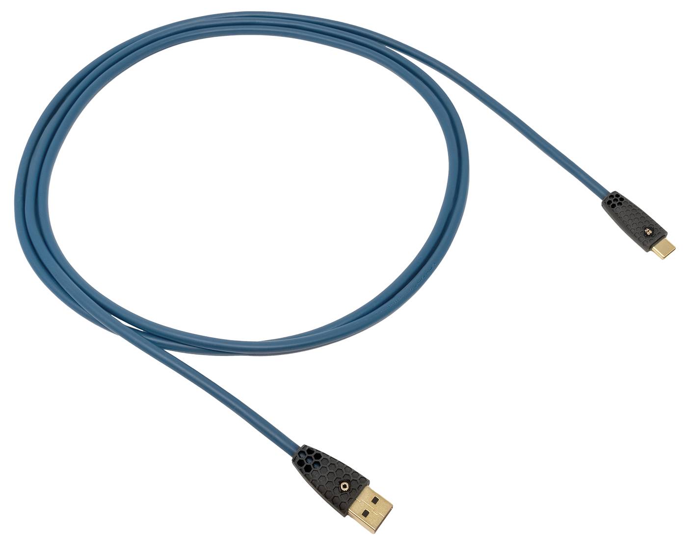 Plavi USB kabel s crnim konektorima, koji na jednom kraju ima USB-A utikač, a na drugom kraju USB-B mini utikač.