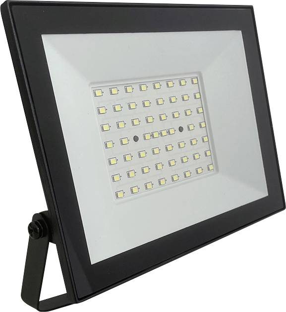 LED reflektor s crnim okvirom i mrežom malih, ravnomjerno raspoređenih LED žarulja u središtu. Montiran je na podesivi nosač.