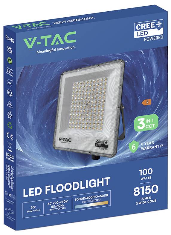 Ambalažajednoga V-TAC LED reflektora s karakteristikama od 100 W, 8150 lumena, kutom od 90 stupnjeva, s 3 u 1 CCT opcijom, 6-godišnjom garancijom i vodom otpornom IP65 zaštitom.