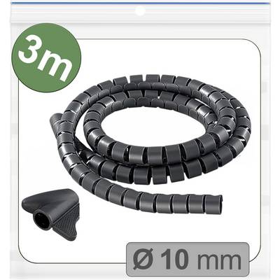 Crni spiralni organizator kablova, duljine 3 metra, promjera 10 mm, s uključenim alatom za primjenu, pakiran u prozirnu plastiku.