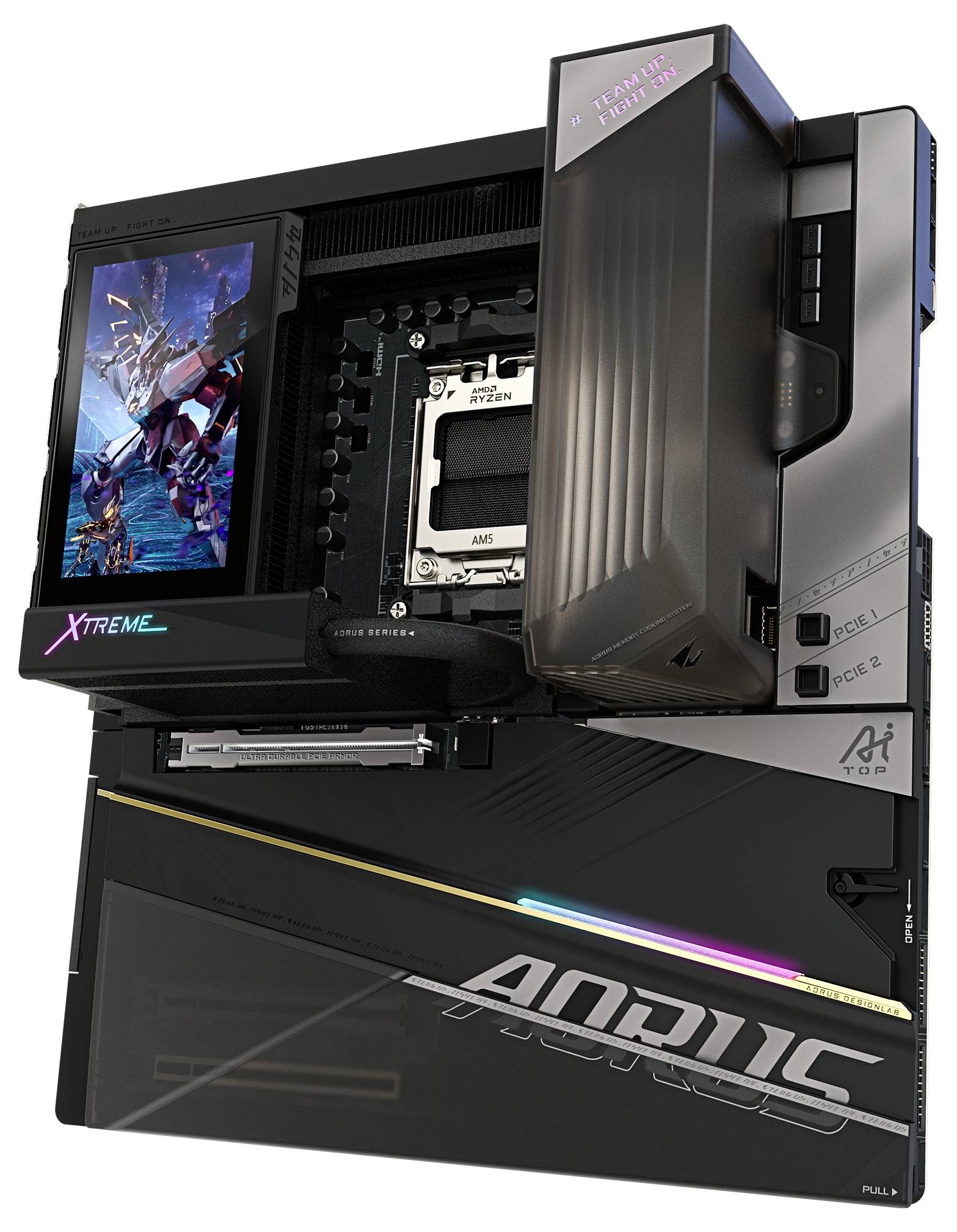 Matična ploča računala s futurističkim dizajnom, koja prikazuje logo 'AORUS XTREME', napredni sustav hlađenja i metalne komponente.