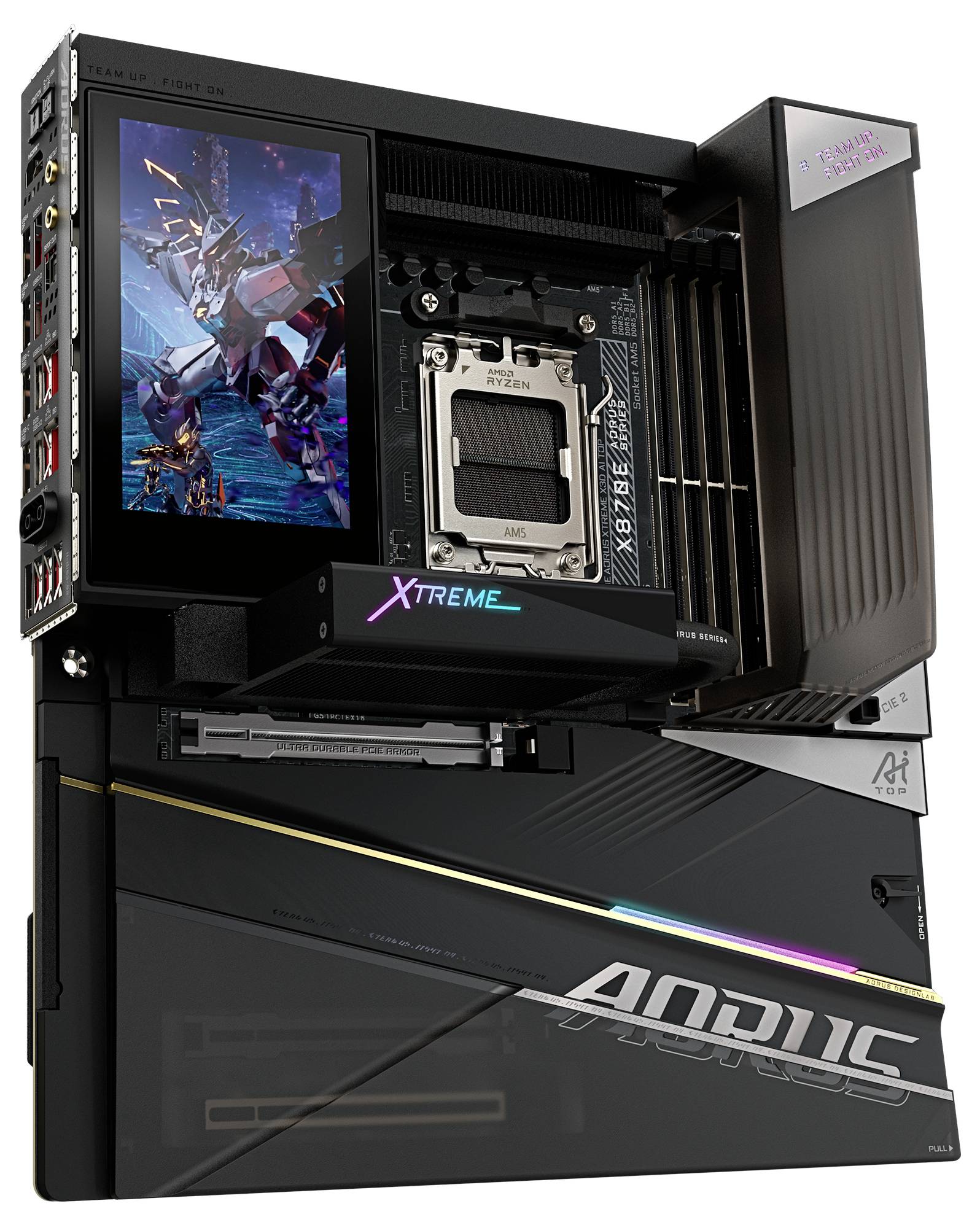 'Aorus Z790 Xtreme Waterforce' matična ploča s ugrađenim zaslonom koji prikazuje futurističku grafiku, dizajnirana za naprednju ugradnju PC-a.