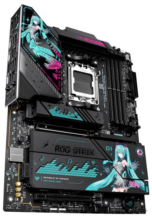 Matična ploča za gaming s dizajnom anime lika, s živahnim plavim i ružičastim naglascima i utičnicom za CPU u centru.