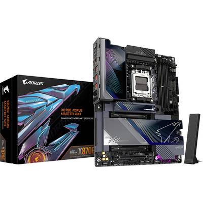 Aorus X670E Master X3D matična ploča za gaming prikazana pored svoje ambalaže, s naprednim čipsetovima i RGB osvjetljenjem za visoke performanse.