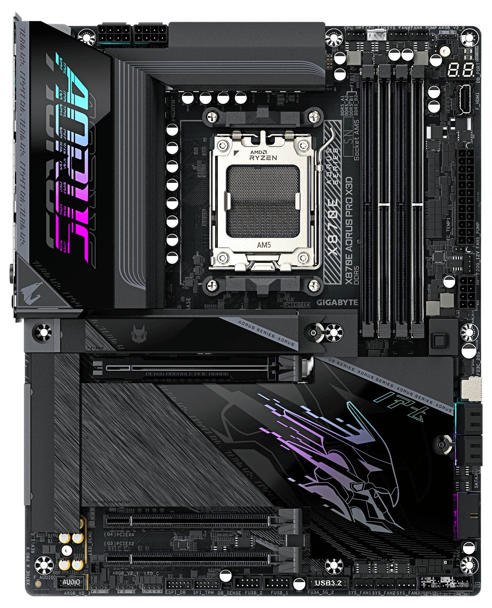 Matična ploča oznake 'AORUS' s procesorskom utičnicom 'RYZEN', utorima za RAM i PCIe priključcima koji su vidljivi. RGB osvjetljenje dodaje dekorativni šarm.