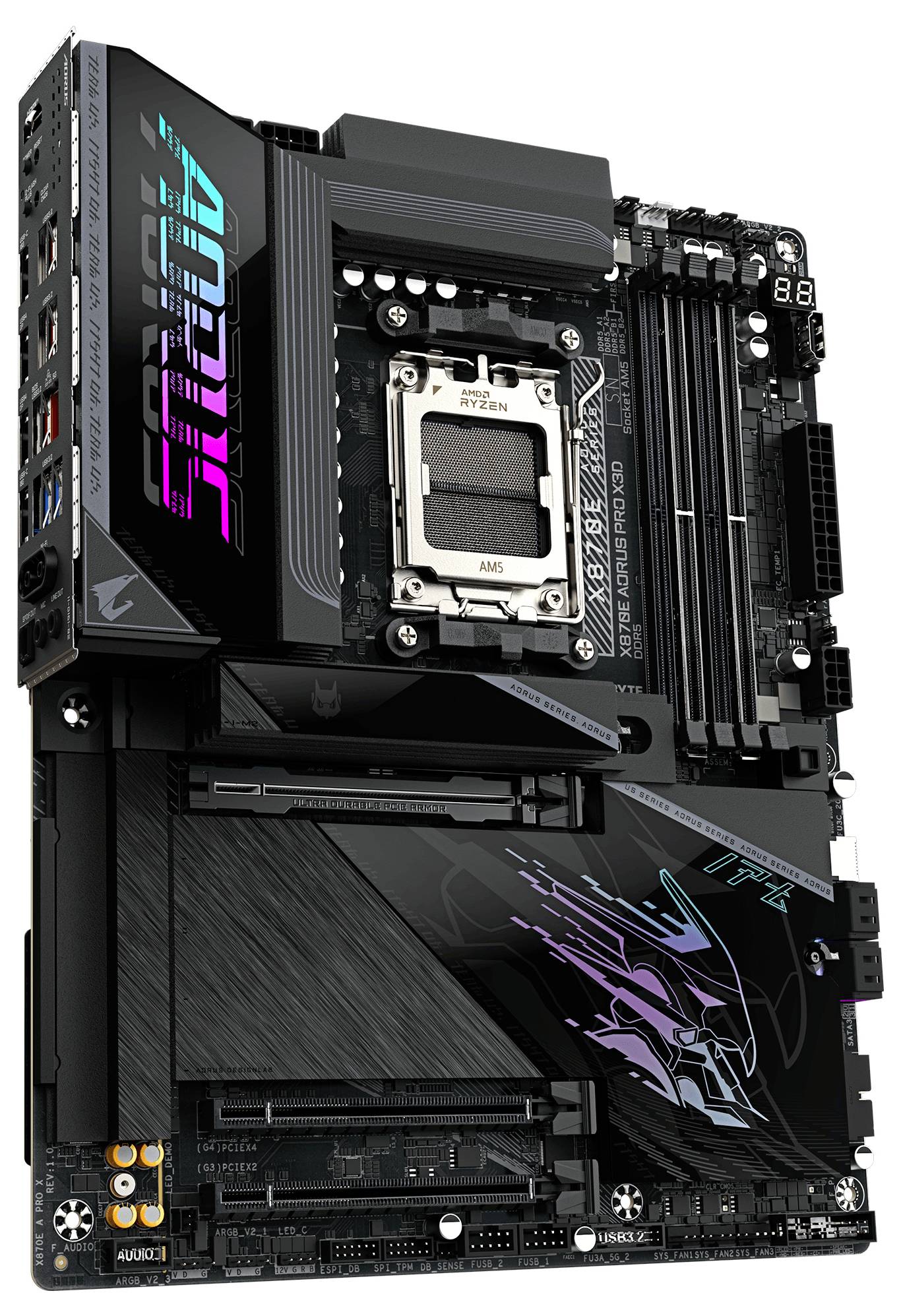 Visokokvalitetna matična ploča računala s više hladnjaka, utorima za RAM, priključkom za CPU i logotipom 'AORUS' u živopisnim bojama.