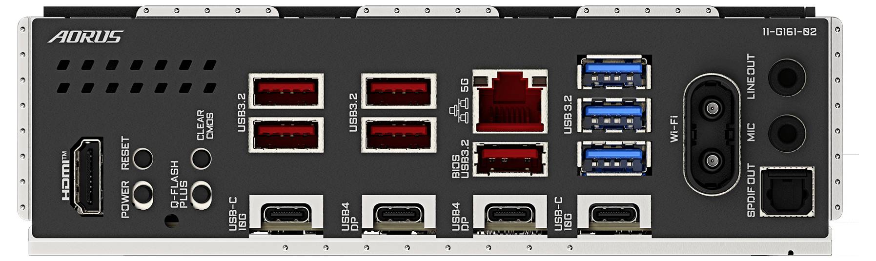 Slika prikazuje stražnju ploču računalne matične ploče s raznim priključcima uključujući HDMI, USB, Ethernet, WiFi i audio utičnice.