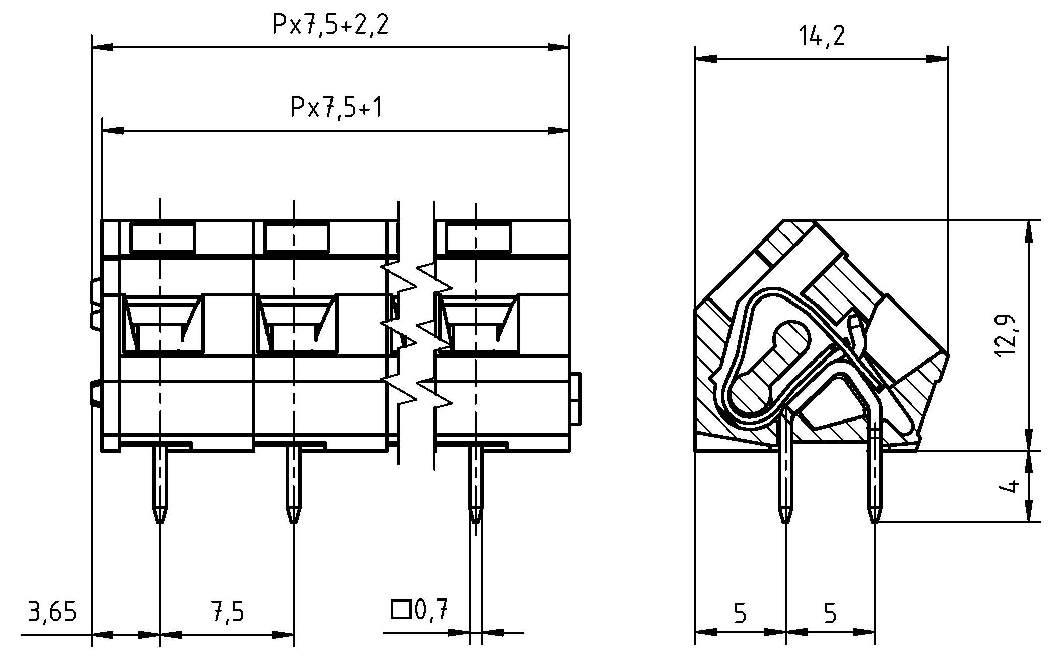 Tehnički dijagram elektrnog konektora. Uključuje mjerenja: 3,65, 7,5, 2,2, 14,2 i 12,9. Sadrži dvojne pribadače i detaljni pregled.