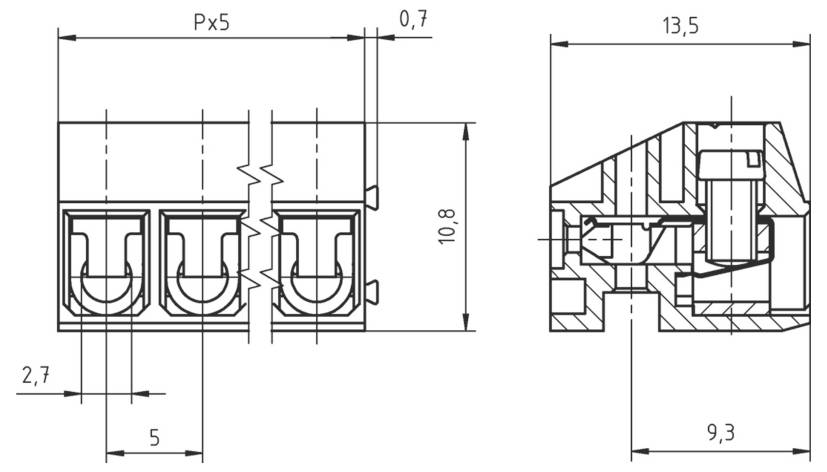 Tehnički crtež bloka konektora s dimenzijama; širina 13,5, visina 10,8, dubina 9,3 cm. Sadrži tri terminala, svaki širine 5 cm.