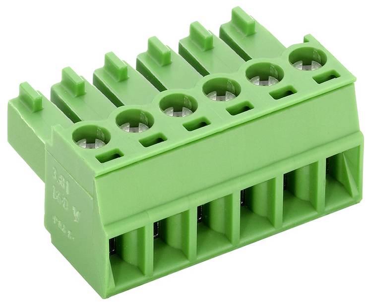 Zeleni terminal blok konektora s pet utora, korišten za spajanje električne žice u elektroničkim uređajima i sklopovima.