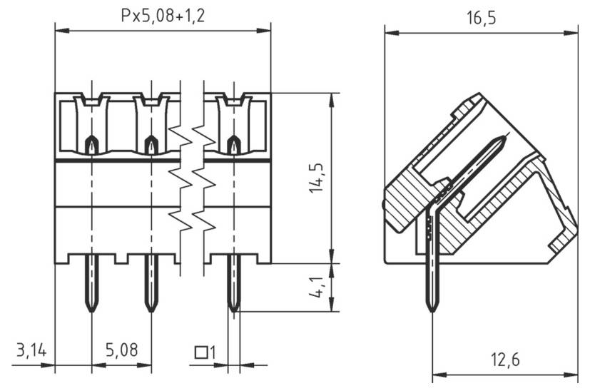 Tehnički crtež kutnog konektora s dimenzijama. Širina: 16,5 mm, Visina: 14,5 mm, Razmak između pinova: 5,08 mm, Širina pina: 1,2 mm.