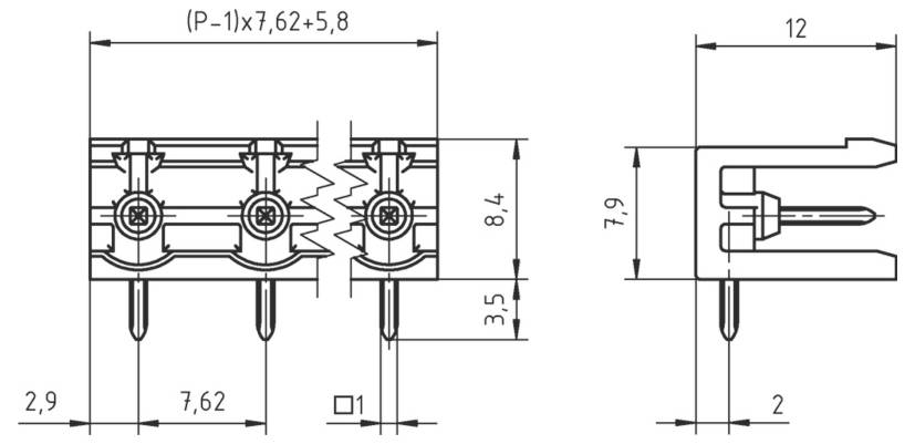 Tehnički crtež električnog konektora s bočnim i gornjim pogledom. Dimenzije: 12,5 mm širina, 9,2 mm visina, 3,6 mm dubina.
