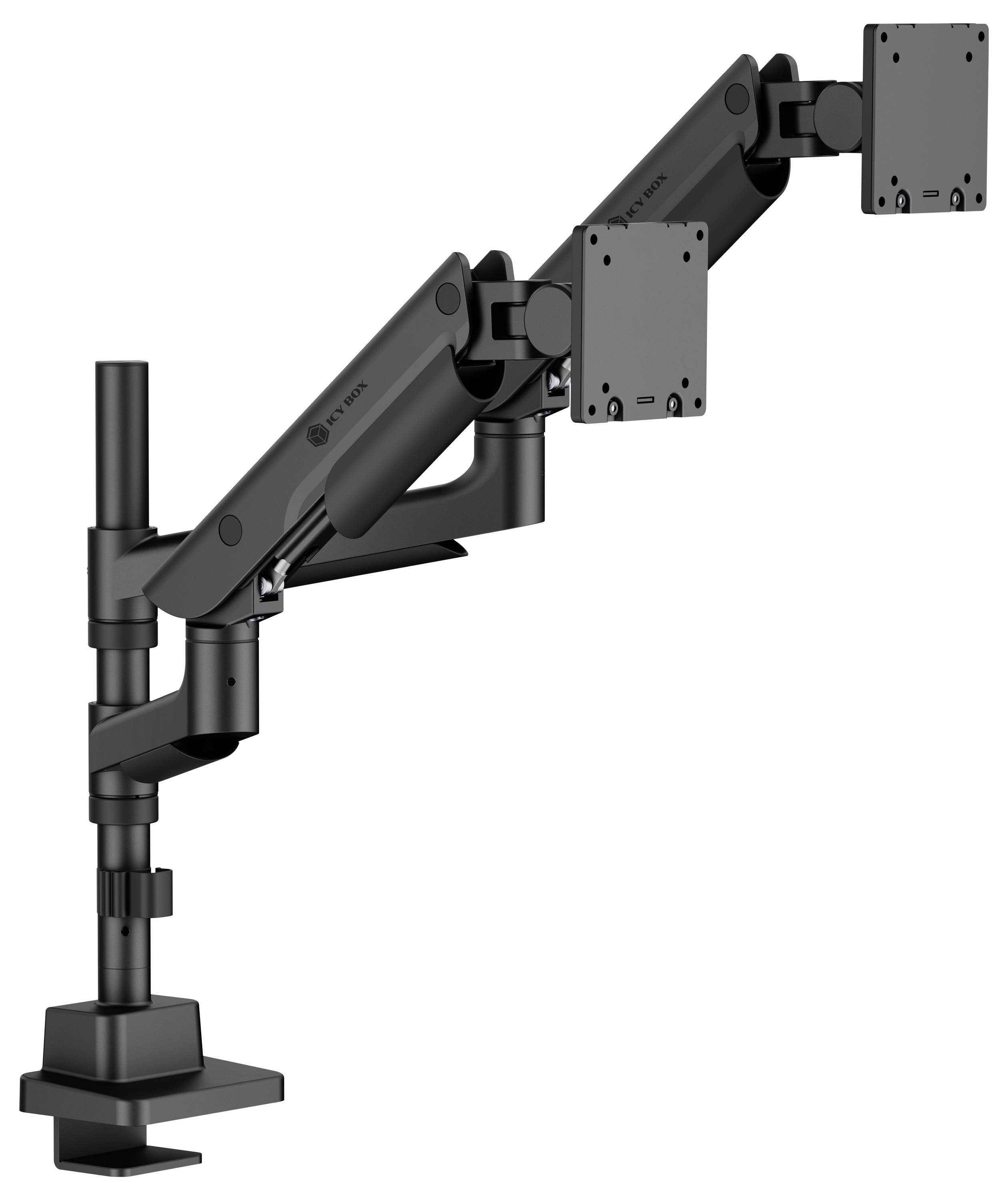 Nosač za dva monitora u crnoj boji, s podesivim krakovima i VESA pločicama za pričvršćivanje zaslona. Dizajniran je za ergonomsko postavljanje radnog prostora.