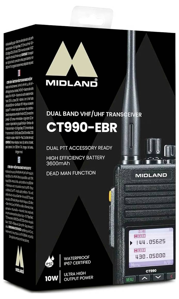Paket dual band VHF/UHF predajnika-prijemnika 'Midland CT990-EBR' koji prikazuje karakteristike poput dvostrukog PTT gumba, baterije kapaciteta 3600mAh i vodootpornog dizajna.