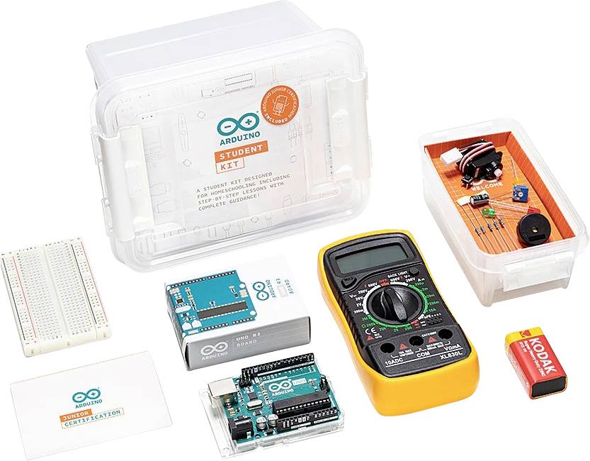 Arduino studentski komplet s multimetrom, komponentama i priručnicima za upute. Uključuje Arduino ploču, breadboard i elektroničke komponente.