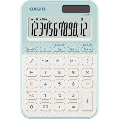 Tirkizni Casio MS-20YC kalkulator koji prikazuje '1234567890.12'. Posjeduje gumbe za osnovno računanje i izračun poreza.