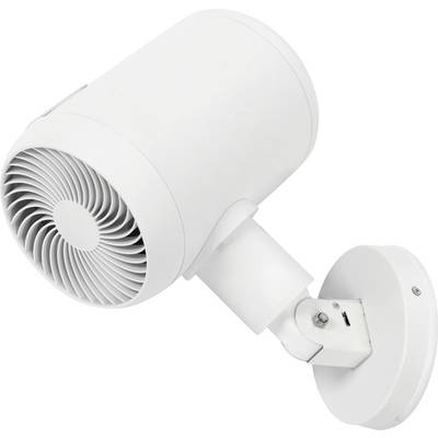 Bijeli zidni ventilator s točkastim dizajnom, cilindričnog oblika i podesivom glavom, pogodan za usmjereno strujanje zraka u malim prostorima.
