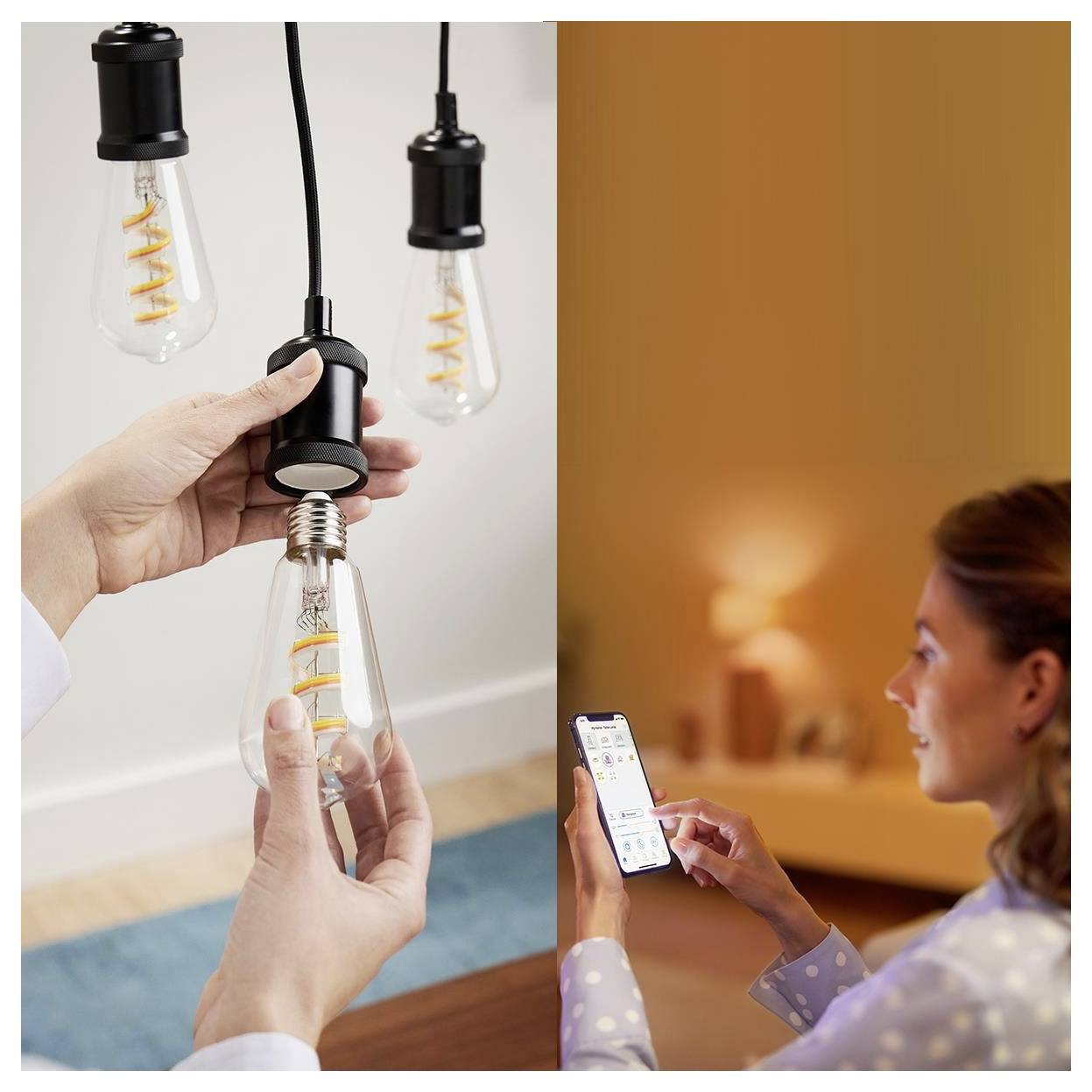 Osoba instalira pametne žarulje i koristi aplikaciju na pametnom telefonu za njihovo podešavanje, što ilustrira jednostavno upravljanje kućnom rasvjetom.