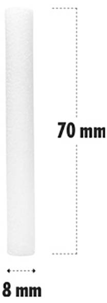 Bijeli cilindrični objekt, visok 70 mm i širok 8 mm, prikazan okomito na bijeloj pozadini s oznakama dimenzija pokraj njega.