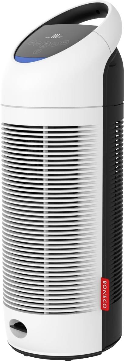 Bijeli i crni vertikalni pročistač zraka cilindrična dizajna s ručkom na vrhu. Ima ventiliranu površinu i digitalni kontrolni panel.