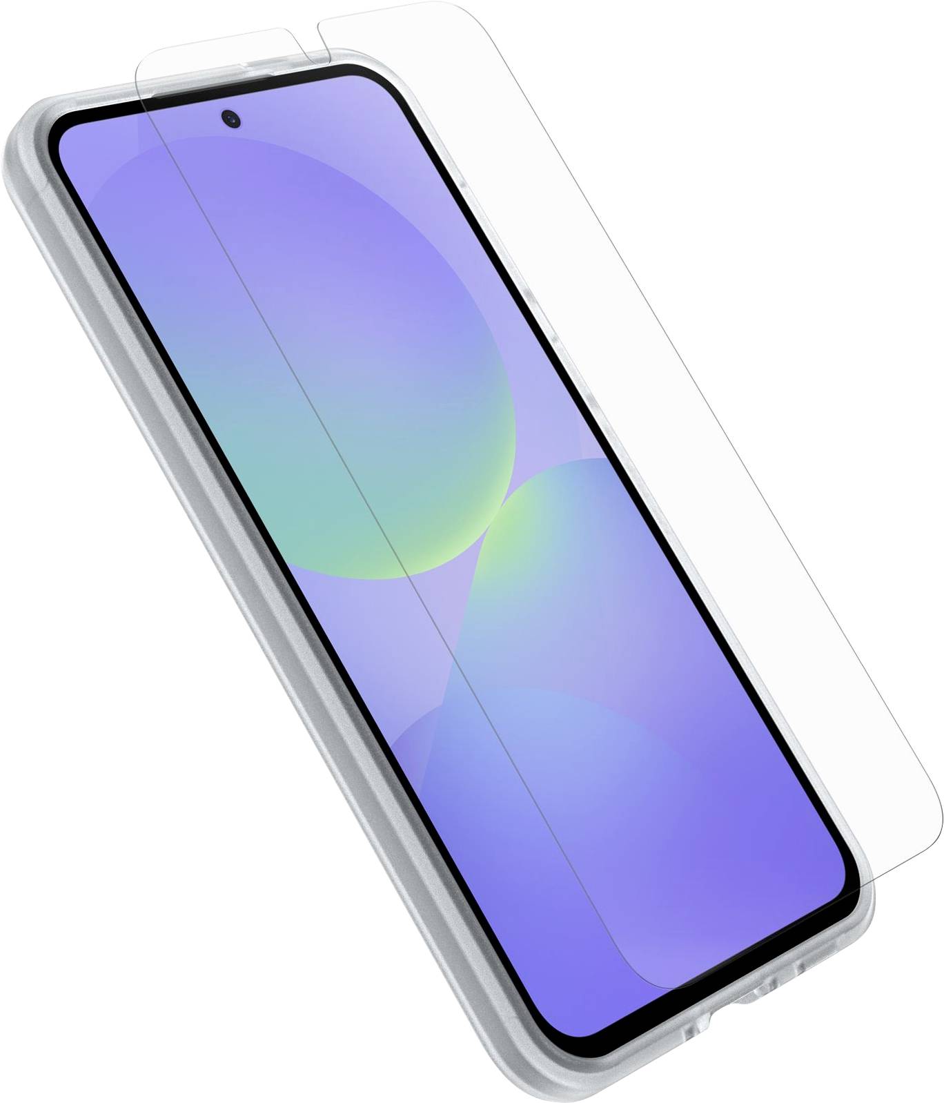 Pametni telefon s šarenim gradijentnim zaslonom, djelomično pokriven prozirnom zaštitnom folijom za ekran.