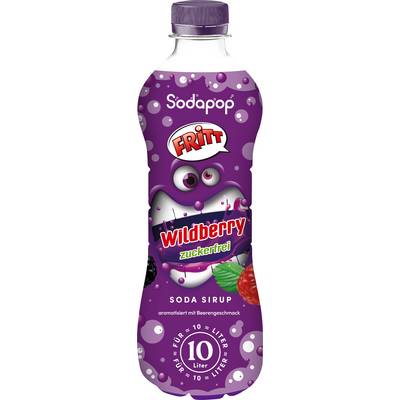 Ljubičasta boca soka za sokove označena 'Sodapop Fritt Wildberry bez šećera', s grafikom bobičastog voća i tekstom koji navodi da se može napraviti 10 litara.