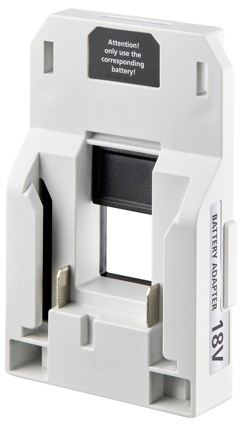 Adapter za bateriju od 18V u svjetlo sivoj boji s oznakom 'Pažnja! Koristiti samo odgovarajuću bateriju!' koji prikazuje upute o kompatibilnosti.