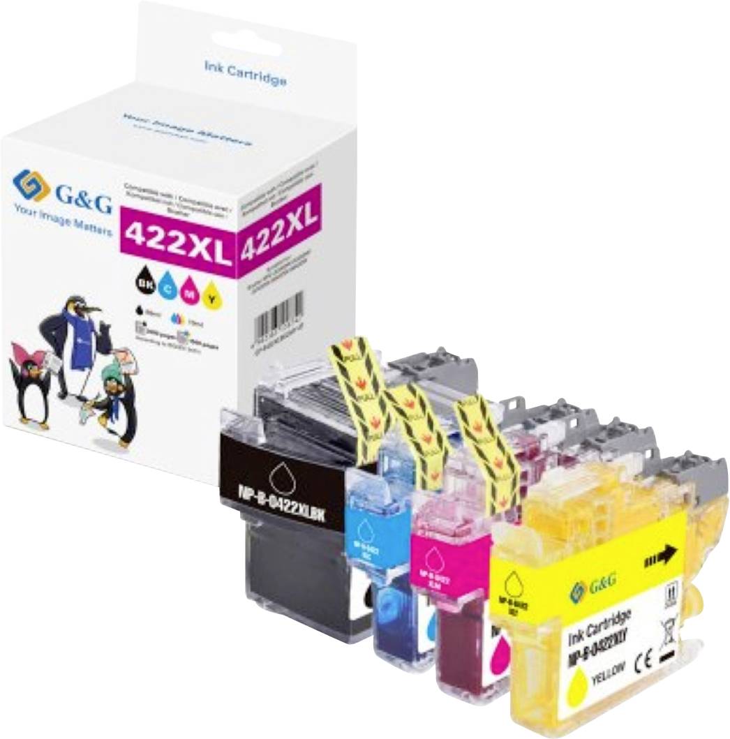 Multipack 'G&G Ink Cartridge 422XL' s crnim, cijan, magenta i žutim patronama u prvom planu, kutija ambalaže u pozadini.