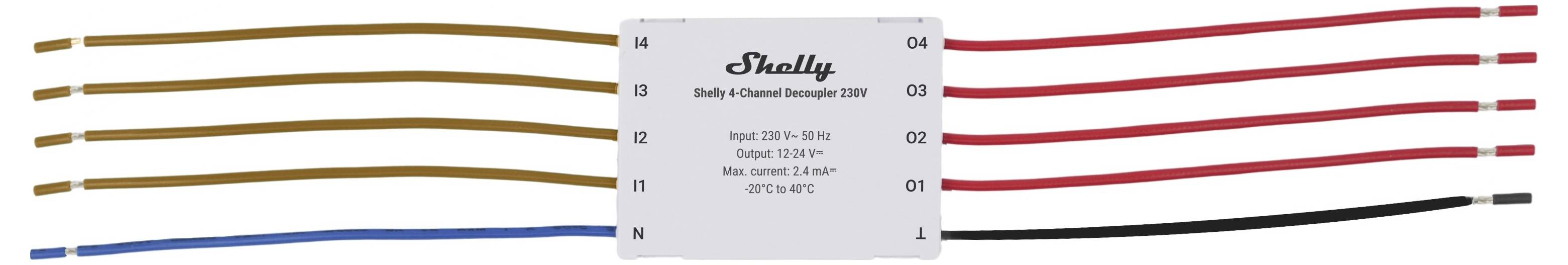Pravokutni uređaj s označenim kablažom: smeđe žice na L, N, I; crvene žice od O1 do O4; crna žica s lijeve strane. Naziv marke na vrhu.