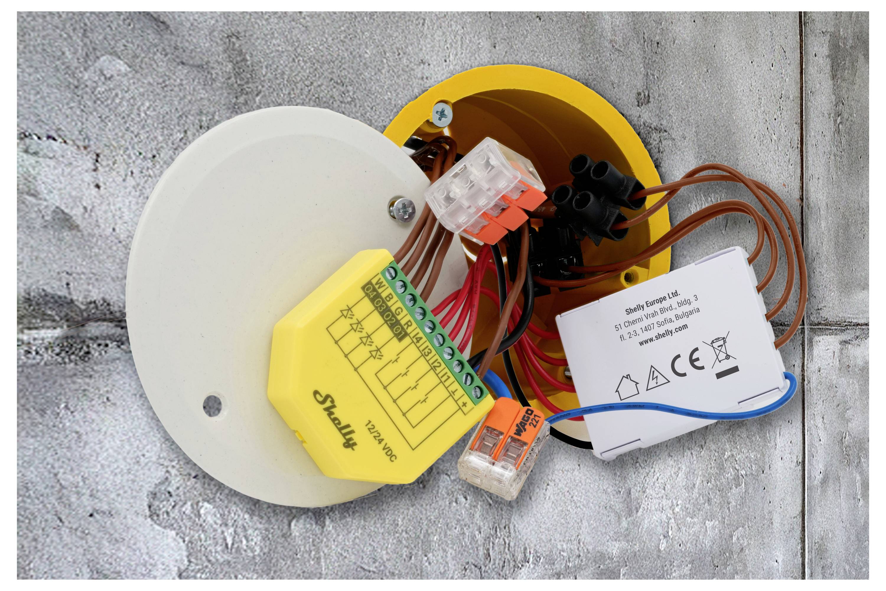Elektroinstalacijska razdelna kutija s vidljivim vezama i oznakama strujnih krugova, montirana na betonski zid.