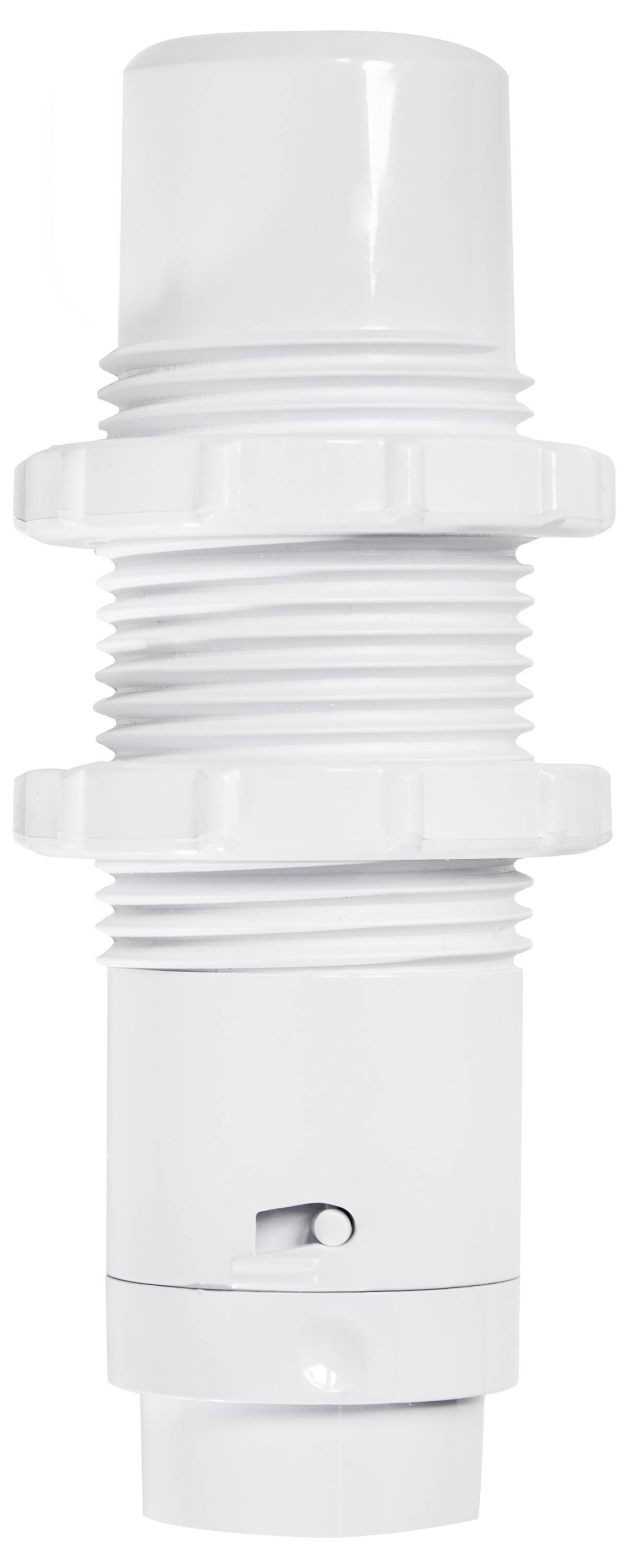 Bijela, valjkasta plastična komponenta sa navojnim dijelovima i malim prekidačem, vjerojatno dio vodovodnog ili industrijskog sustava.