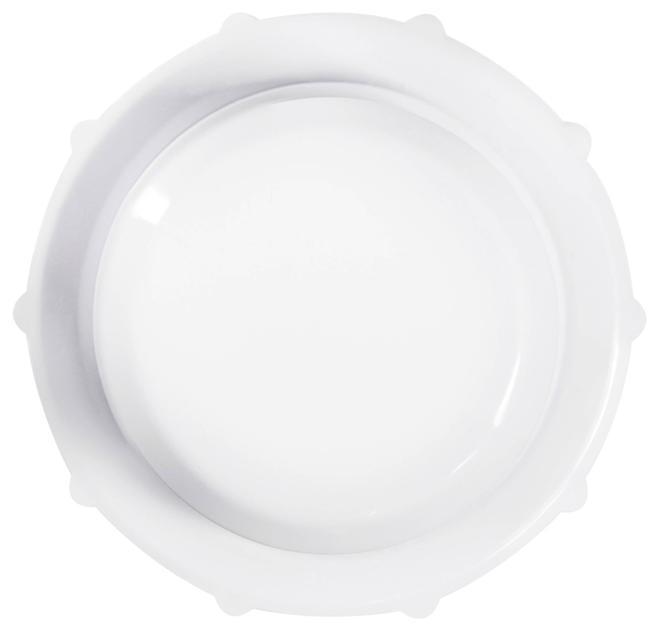 Okrugla, bijela, plastična čepica s glatkom površinom i nekoliko malih izbočina oko ruba.