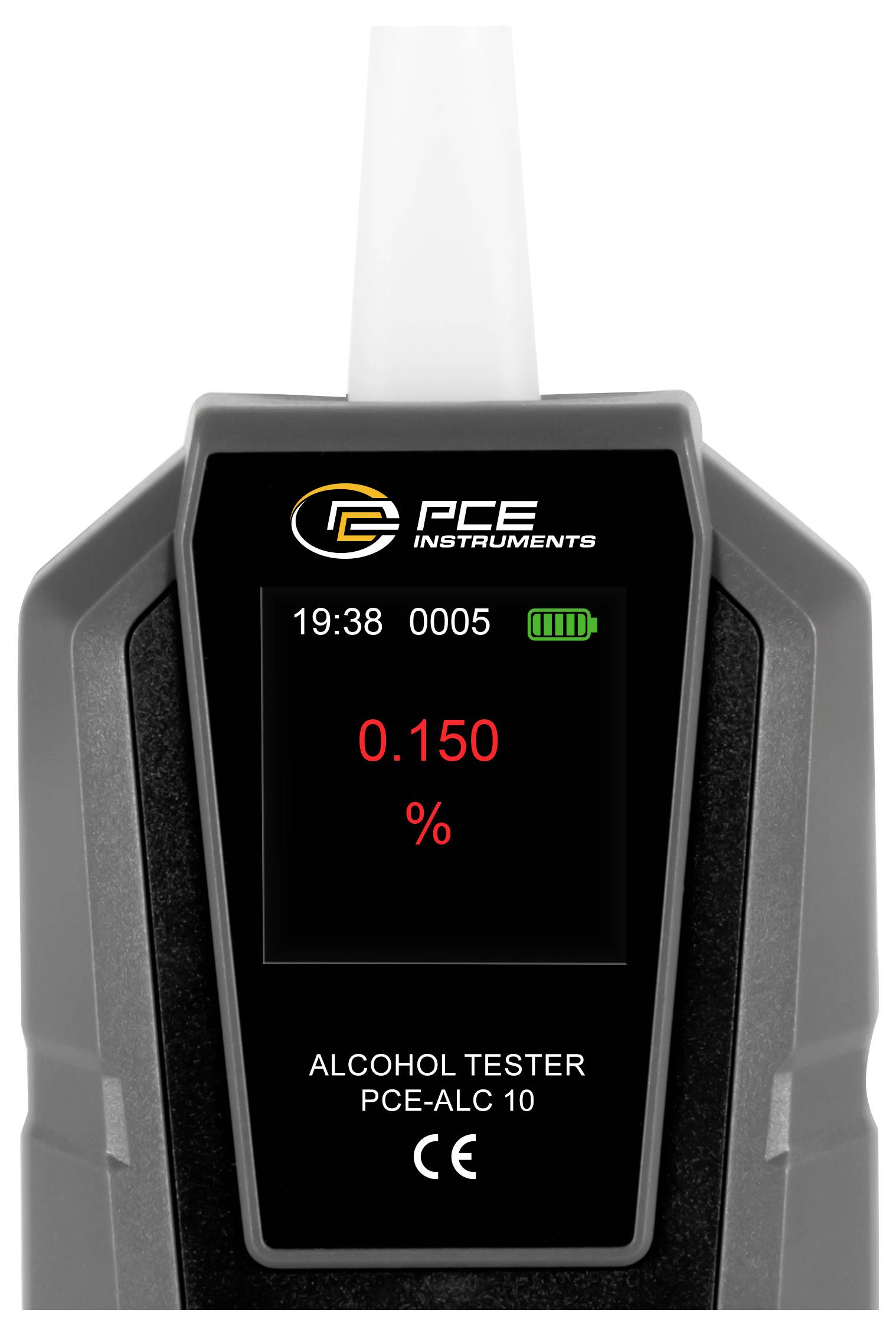Prijenosni tester alkohola koji prikazuje 0.150% na zaslonu, označen kao PCE Alcohol Tester PCE-ALC 10.