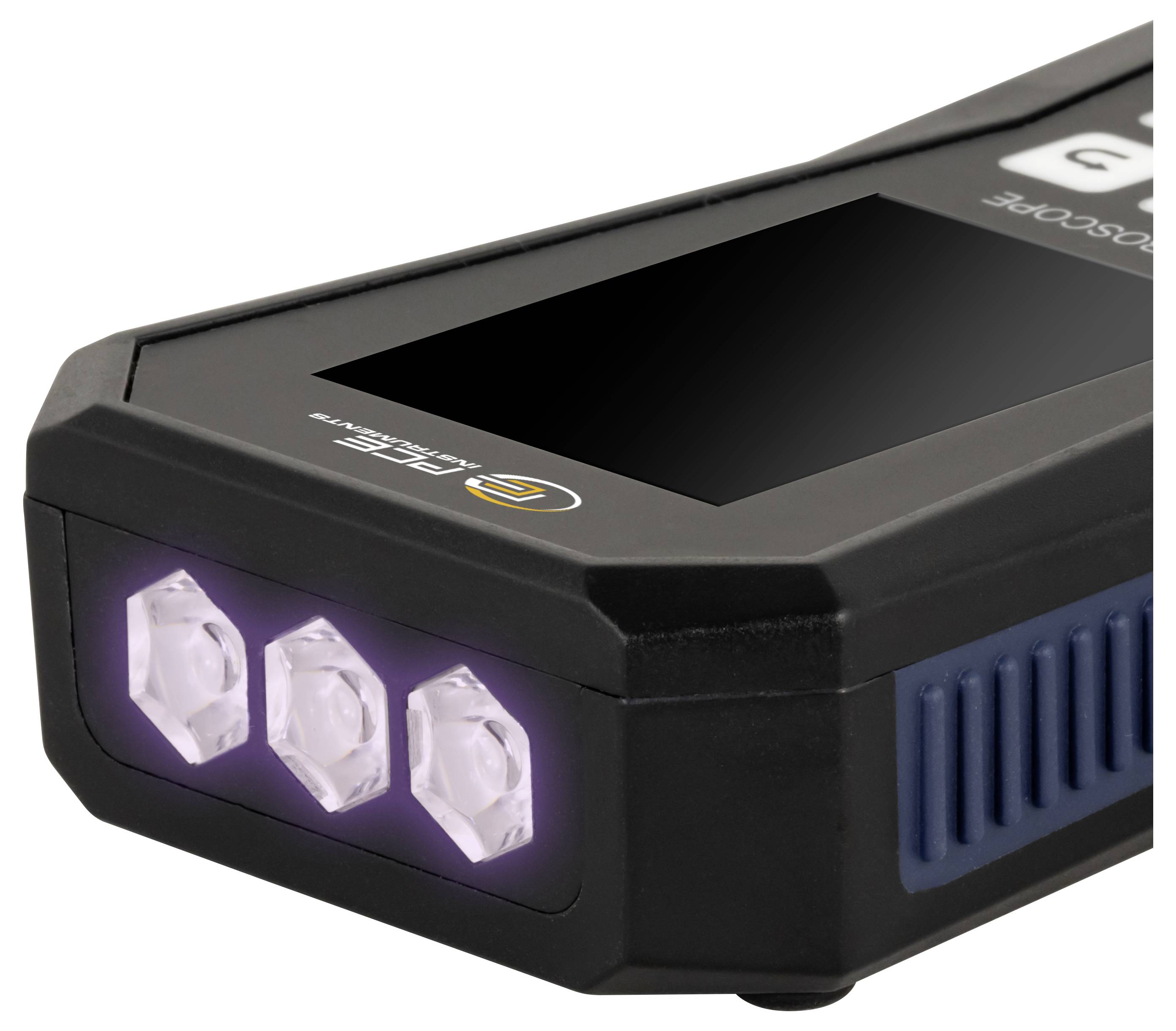 Crni ručni elektronski uređaj s tri LED svjetla i zaslonom na vrhu, prikazan u bliskom kadru na bijeloj pozadini.