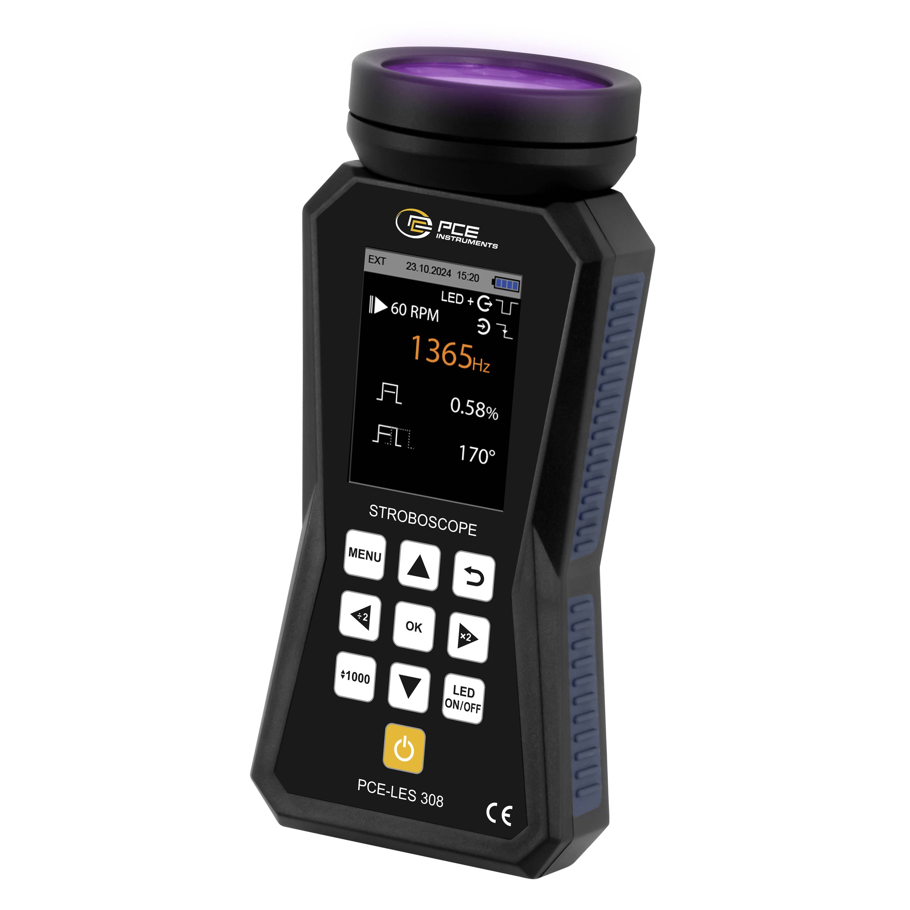 Prijenosni stroboskopski mjerač s prikazom koji pokazuje 1365 Hz, 60 RPM, 0,58%, i 170°; označen sa PCE-LES 308.