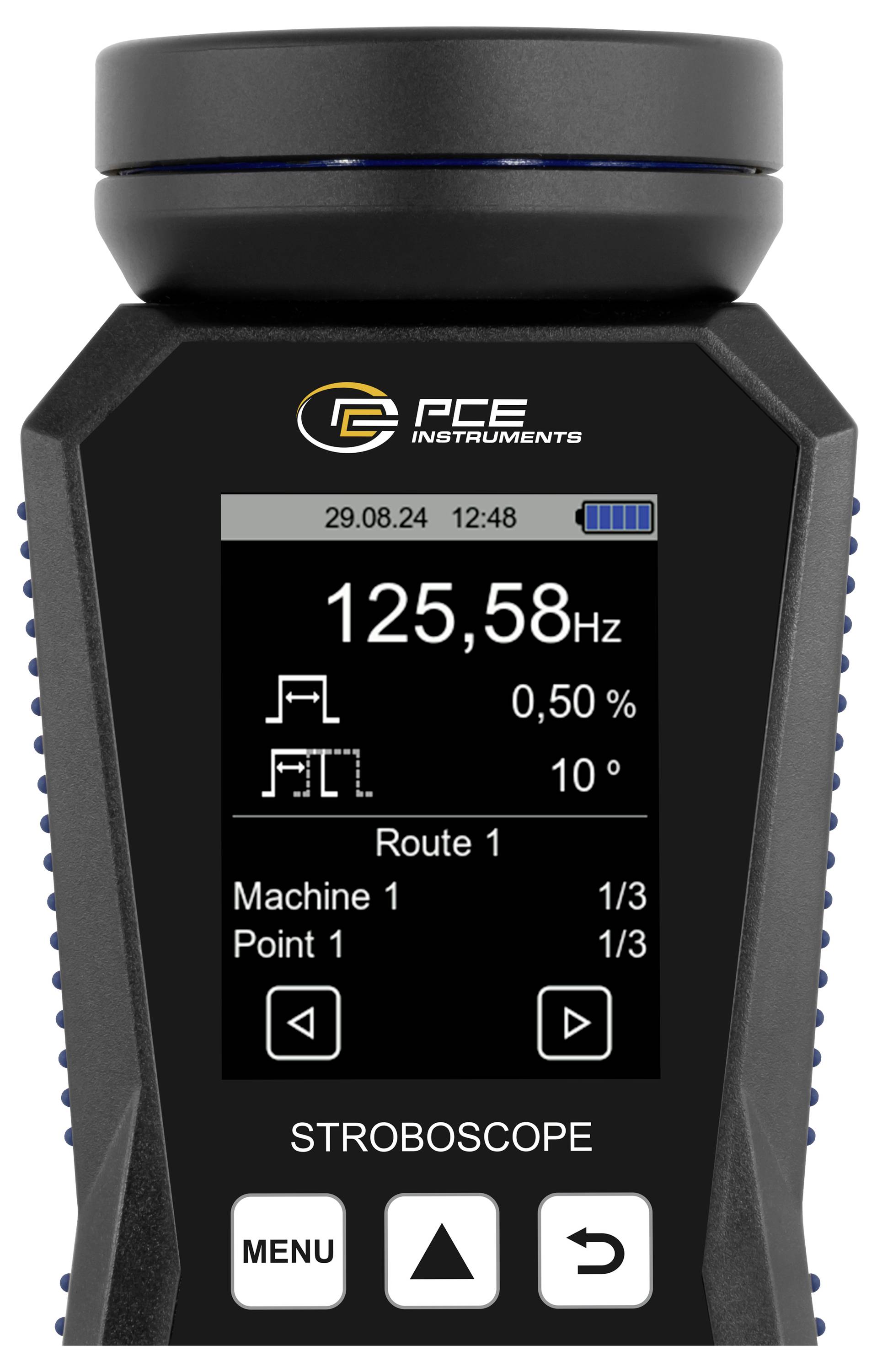 Priručni PCE Instruments stroboskop koji prikazuje 125,58 Hz, 0,50%, 10°, sa Route 1, Machine 1, Point 1 na zaslonu.