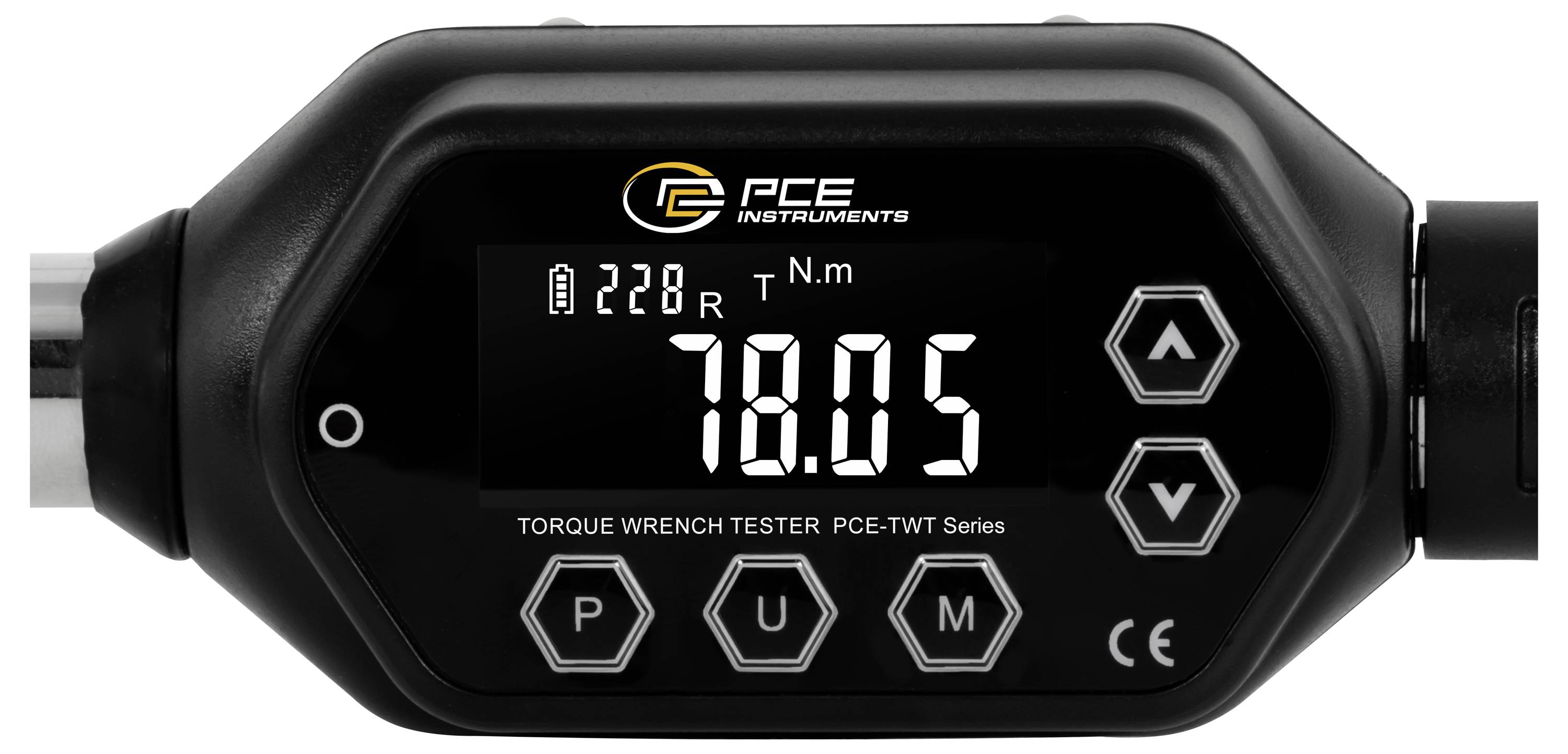Prikazni ekran digitalnog testera za mjerenje obrtnog momenta koji pokazuje čitanje od 78,05 T·N.m, s kontrolama gore/dolje i gumbima P, U, M na crnoj jedinici PCE Instruments.