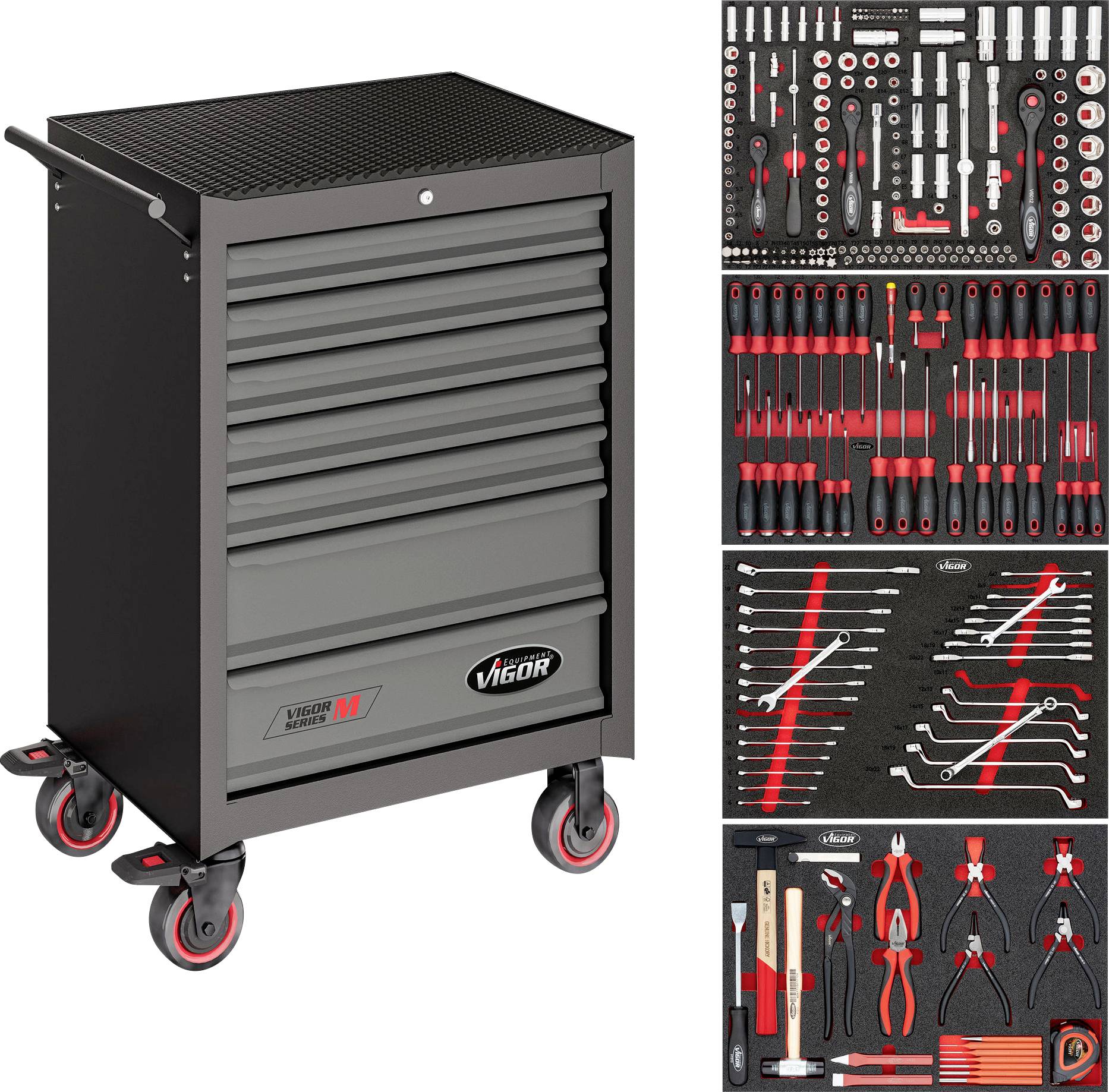 Prikazan je sivi alat ormar s crvenim kotačima i šest ladica, uz organizirane alate koji uključuju ključeve, odvijače i kliješta.