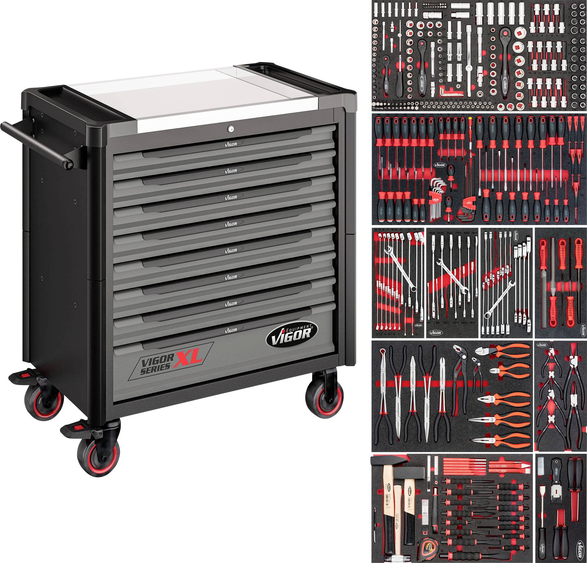 Prikazana je crno-crvena kutija za alat sa šest ladica uz slike organiziranih ključeva, odvijača i kliješta smještenih u izrezima od pjene.