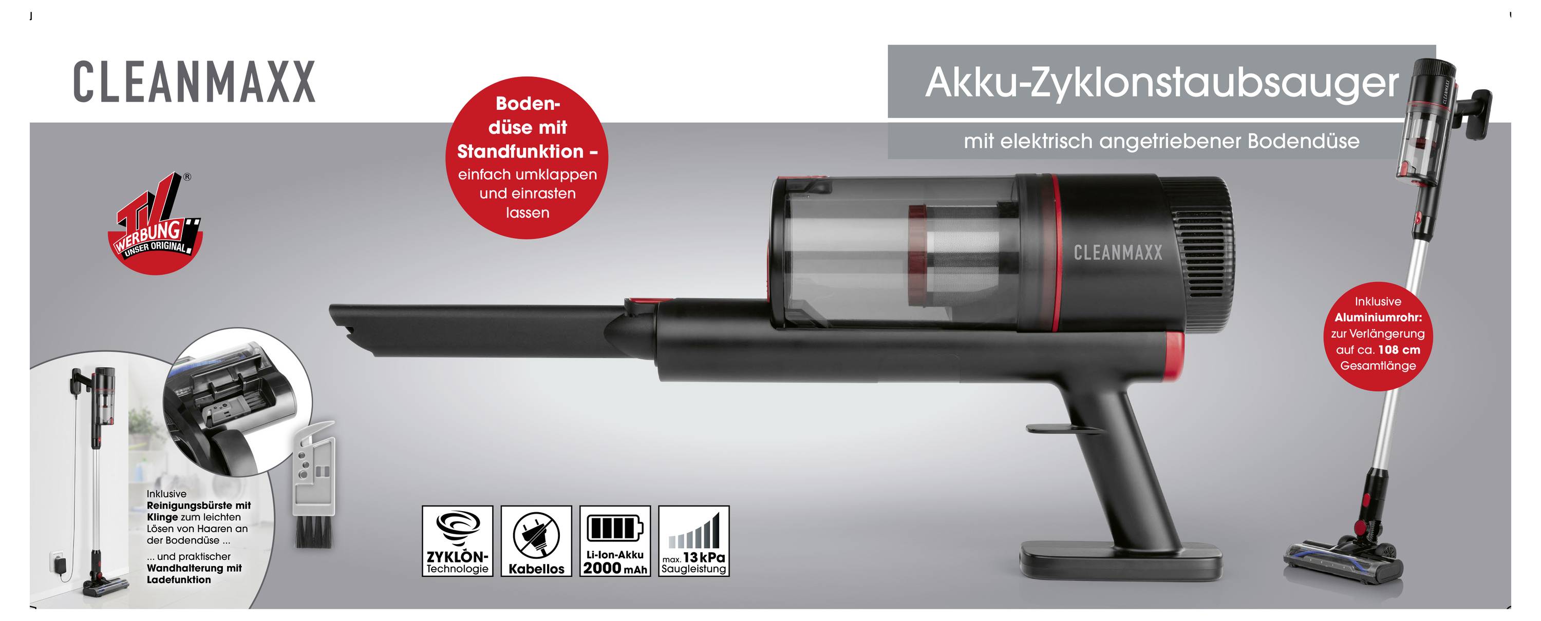 Bežični ciklonski usisavač s električnom podnom dužom. Funkcije: funkcija stajanja, preklapajući ručaj, pribor za različite površine. Uklanja do 99% sitnog prašine.