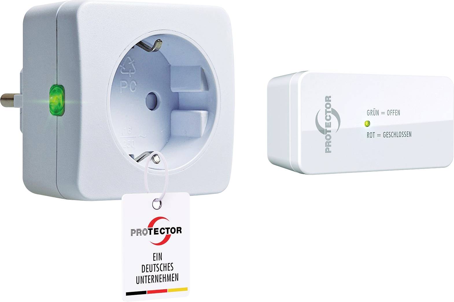 Električna utičnica marke "Protector" i povezani uređaj označeni sa "Zelena = Otvoreno" i "Crvena = Zatvoreno", što pokazuje stanje otvoreno/zatvoreno.