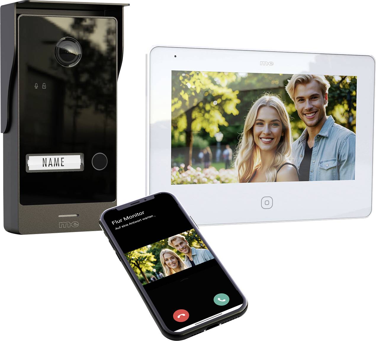 Sustav interfona na vratima s video ekranom koji prikazuje dvije nasmiješene osobe vani, i pametni telefon koji prikazuje istu sliku za daljinski nadzor.