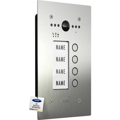 Interfon panel s četiri gumba označena 'Name', zvučnikom, objektivom kamere i logotipom tvrtke 'mte' na metalnoj površini.