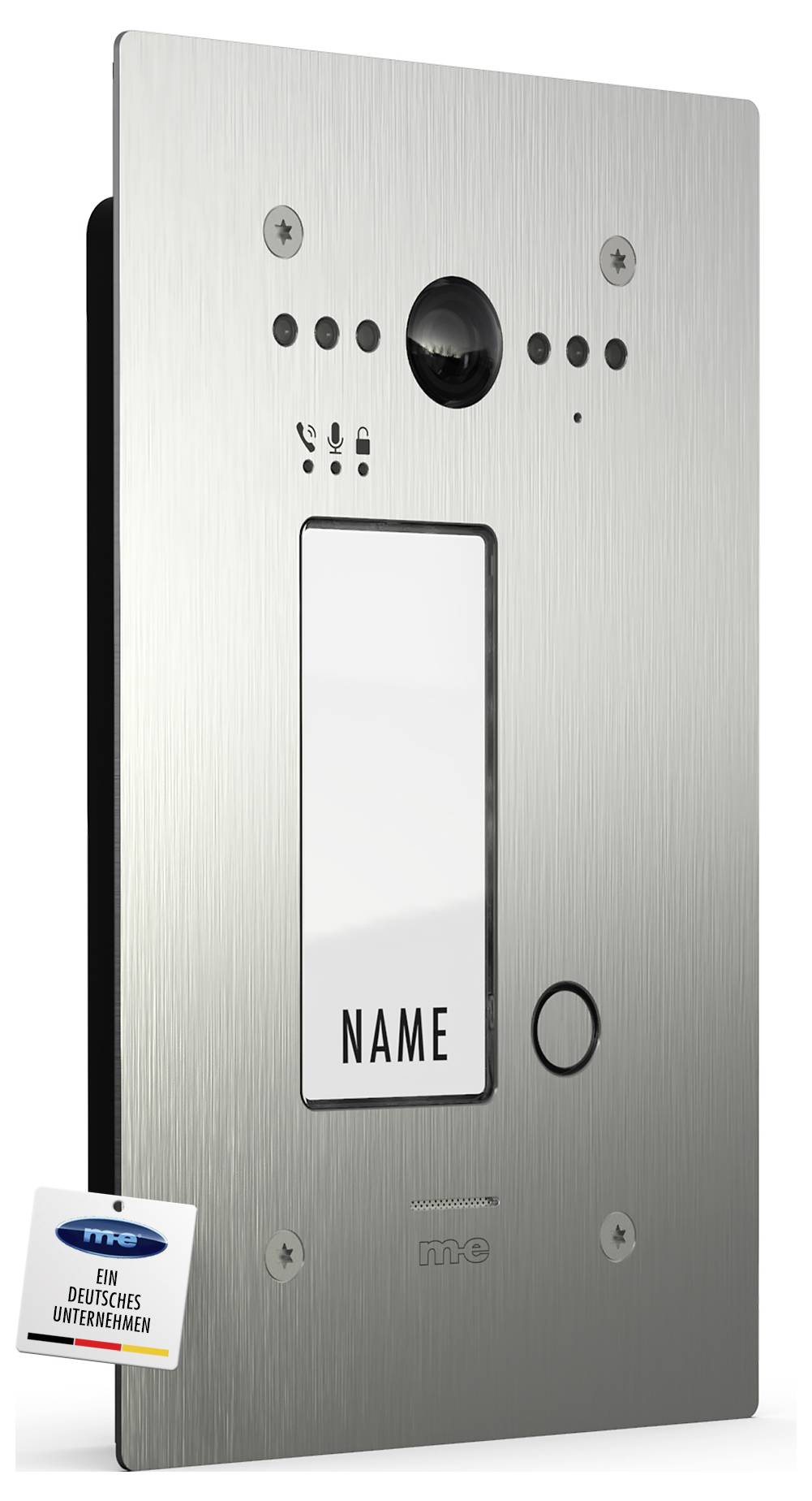 Elegantan, suvremeni interfonski sustav od metala s kamerom, zvučnikom i panelom za natpis s nazivom. Logo pokazuje da je proizvod njemačke kompanije.