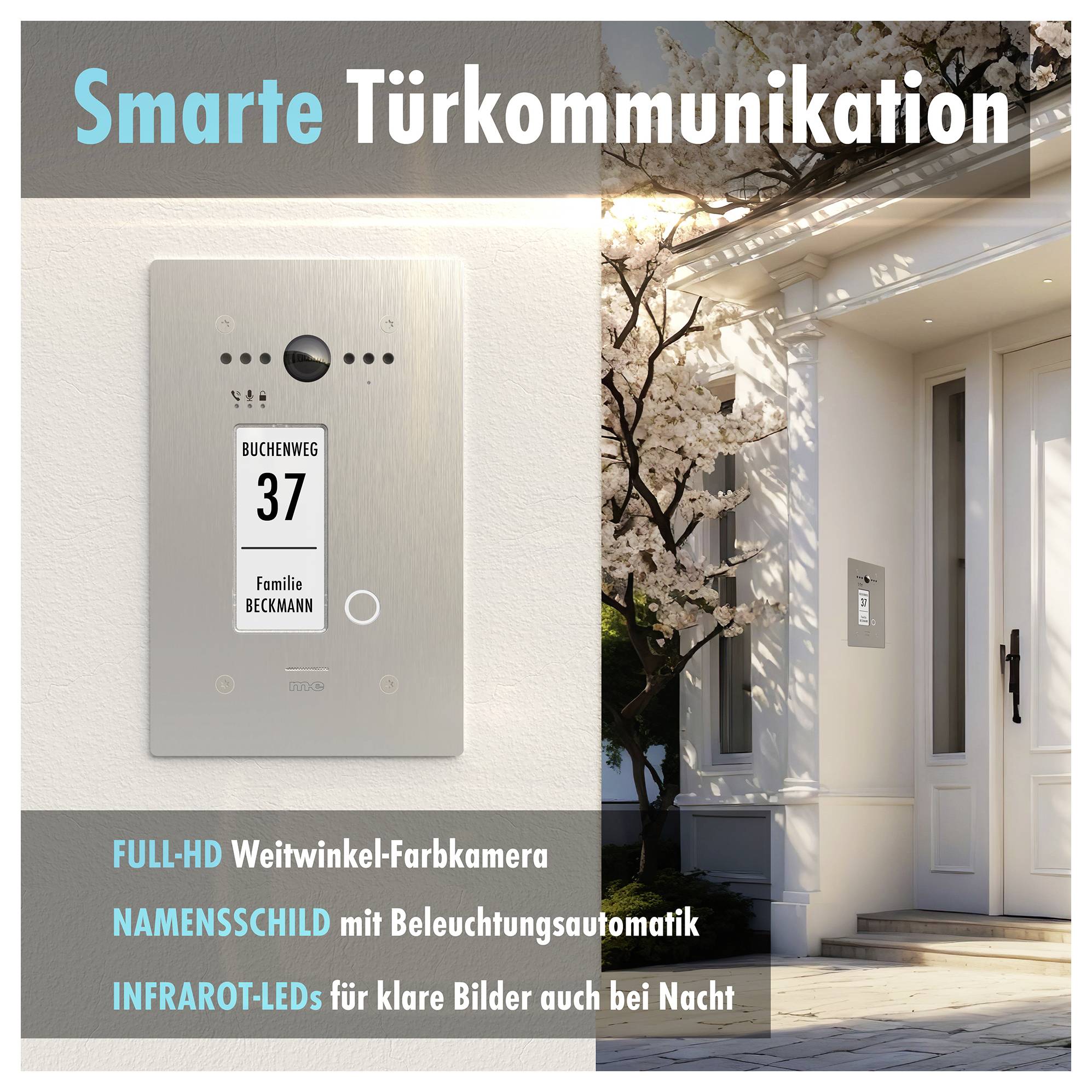 "Pametna komunikacija na vratima" - oglas prikazuje video zvonac s "Buchenweg 37 Obitelj Beckmann". Značajke uključuju Full-HD kameru i infracrvene LED-e.