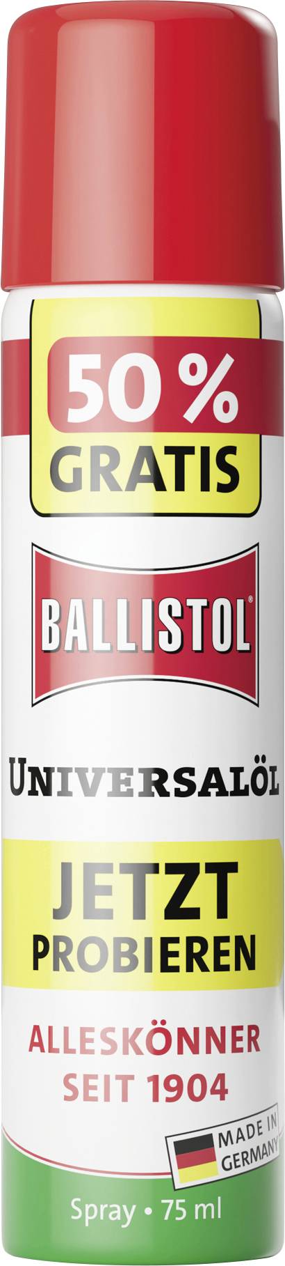 Ballistol sprej s crvenim poklopcem; etiketa glasi 50% besplatno, Ballistol, Univerzalni! Sada isprobajte, svestrana sredstva od 1904., sprej 75 ml.