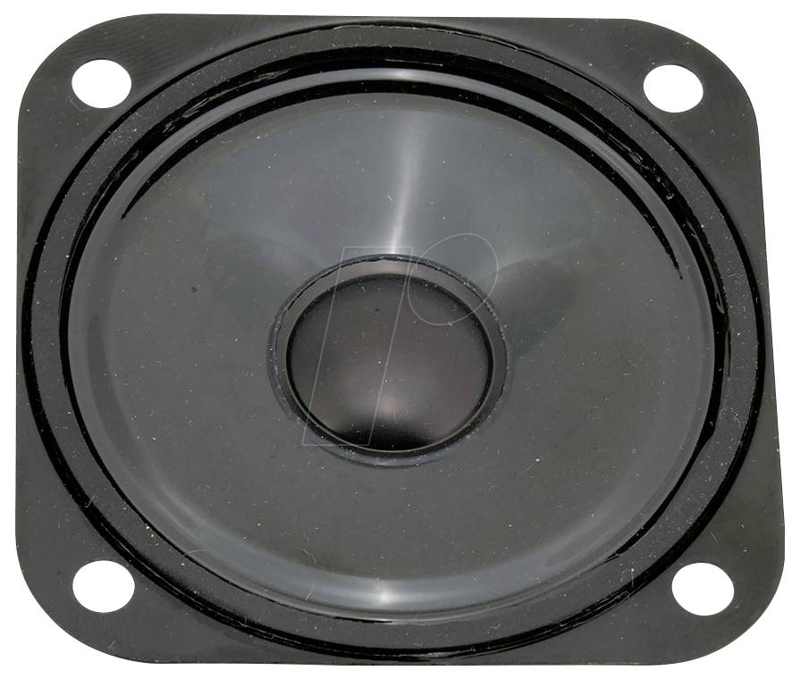 Okrugli, crni difuzor zvučnika s centralnom kupolom i montažnim otvorima na kvadratnom okviru, korišten za izlaz zvuka iz zvučnika.