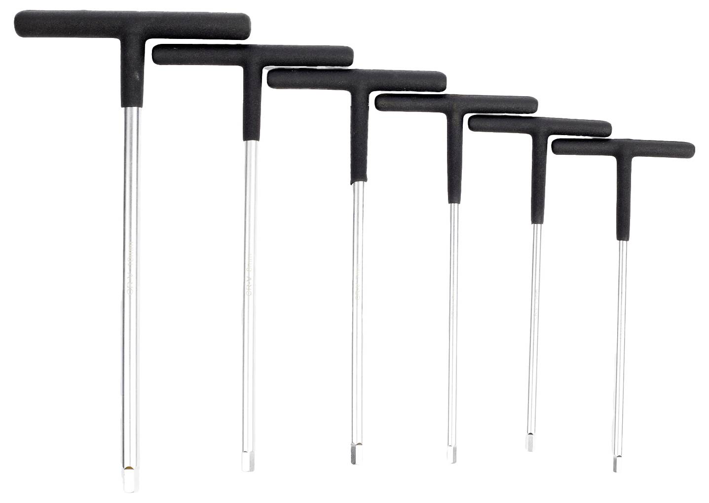 'Skup od šest T-ručnih Allen ključeva u rastućim veličinama, prikazanih u nizu.'